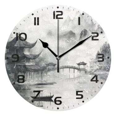 Imagem de JUZIHAI Relógio de parede com pintura a tinta chinesa, silencioso, sem tique-taque, relógios de parede redondos, operados por bateria, fácil de ler, relógio decorativo de parede para casa, cozinha