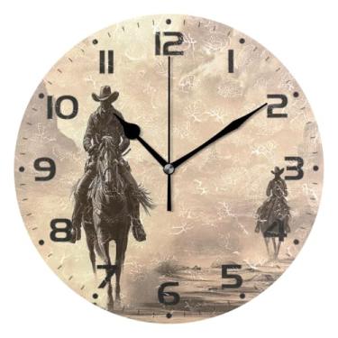Imagem de JUZIHAI Relógio de parede Western Cowboy silencioso sem tique-taque, relógios de parede redondos operados por bateria, fácil de ler, relógio decorativo de parede para casa, cozinha, sala de estar