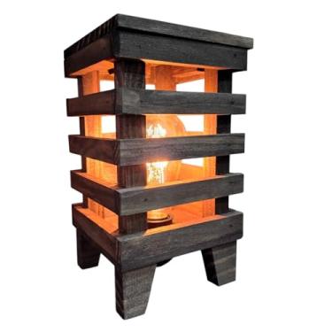 Imagem de Made in serra Abajur de Mesa Rústico em Madeira Ripada, Marrom Escuro, Tampa Removível, 25x15x15 cm, Bocal E27