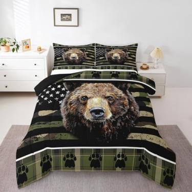 Imagem de Erosebridal Conjunto de edredom solteiro com bandeira americana de caça, estampa verde militar, caça, urso, para crianças, adultos, rústico, casa de fazenda, búfalo, xadrez, bosque, 2 peças