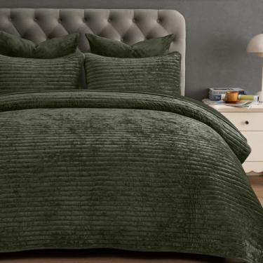Imagem de PHF Conjunto de colcha de veludo luxuoso tamanho Queen – 3 peças ultramacias com canal listrado, colcha acolchoada aconchegante, presente de herança, 1 cobertor com 2 fronhas combinando, 228 cm x 233