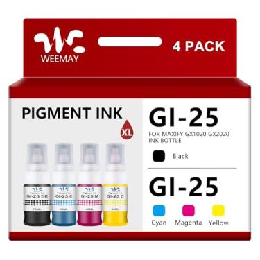 Imagem de Weemay Refil de tinta de pigmento compatível GI-25 GI-25BK para substituição para Canon 25 GI-25 GI25 Tinta para uso com impressora Canon MAXIFY MegaTank GX1020 GX2020 (preto, ciano, magenta, amarelo