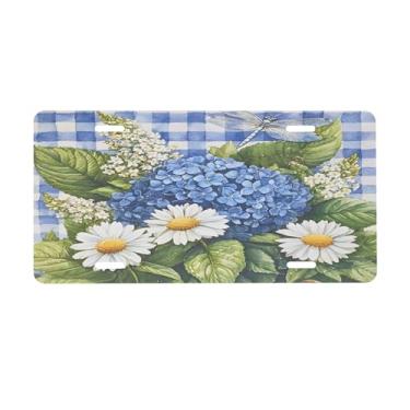 Imagem de Placa de licença de mola de flores azuis para placas dianteiras de carro alumínio metal adequado para caminhão, placa de porta de carro, bar, café, acessórios automotivos para homens e mulheres 15 x