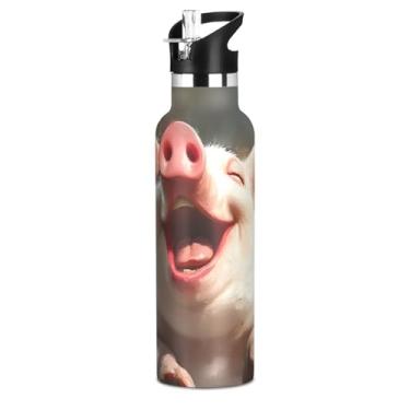 Imagem de Garrafa de água de porco vívido rosa fofo com tampa de canudo garrafas de água de aço inoxidável isoladas para crianças adolescentes 590 ml parede dupla vácuo livre de BPA copos de viagem para