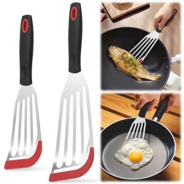 Imagem de Conjunto de 2 espátulas de peixe de silicone, borda de silicone resistente ao calor, espátula de peixe de silicone para ovos, uso flexível e fino, aço inoxidável para peixes, ovos, panquecas