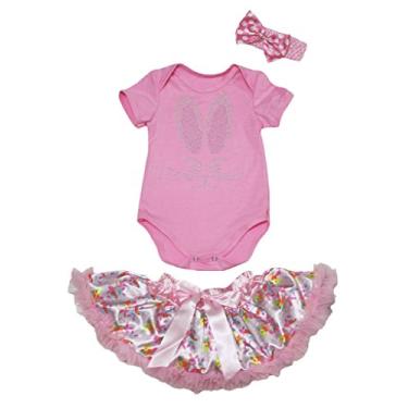 Imagem de Petitebella Macaquinho para bebês meninas com rosto de coelhinho da páscoa rosa tutu de coelhos da páscoa 3 a 6 meses rosa