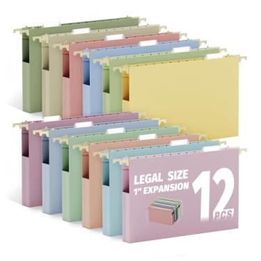 Imagem de Ansook Pastas de arquivo suspensas tamanho legal, capacidade extra, pastas de arquivo expansíveis de 2,5 cm com abas, pacote com 12 pastas de plástico pastel para arquivo, organizador de arquivos de