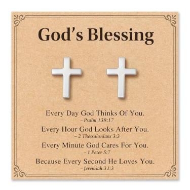 Imagem de Brincos de cruz hipoalergênicos para mulheres e meninas, presente religioso cristão de Páscoa, joias de presente com cartão de citação significativo e bolsa de presente, Liga de aço, Sem pedra