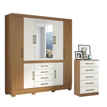 Imagem de Cômoda e Guarda Roupa Casal Nápole 2045149 8 Portas 4 Gavetas MDP Moderno com Espelho A...