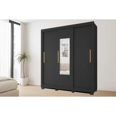 Imagem de Guarda Roupa Casal Chile 3 Portas de Correr 2 Gavetas MDF com Espelho Preto Caemmun