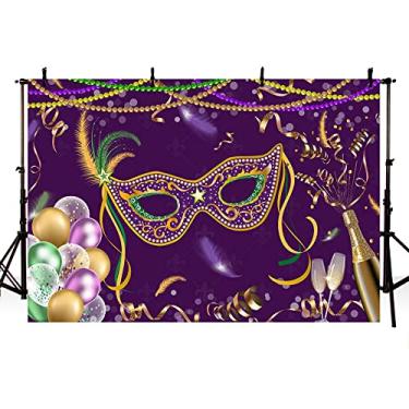 Imagem de MEHOFOND 2,1 x 1,5 m, fundo de festa de carnaval, máscara roxa, balão com glitter, para adultos, aniversário, decoração de festa de fantasia, carnaval, adereços para cabine de fotos