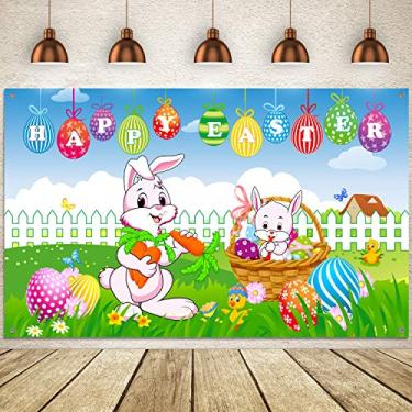 Imagem de Faixa de fundo Happy Easter Party, Primavera Páscoa Coelho Ovos coloridos e Pintinho Placa Verde Grama Jardim Foto Fundo Coelho Fotografia para Decoração de Festa de Páscoa, Ovo de Páscoa Caça Artigos de Jogo