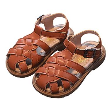 Imagem de Mercatoo Sandálias para meninas crianças pequenas bico fechado T tira vestido sandálias sapatos de verão sandálias meninas sandálias slide (marrom, 21)