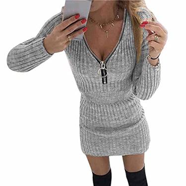 Imagem de Vestido pulôver feminino de manga comprida com zíper e gola V 2023 vestido casual de malha de cor sólida mini vestidos, Cinza, M