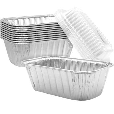 Imagem de Formas de pão de alumínio espessas de 15 x 9,5 cm com tampas, pacote com 10 unidades. Melhor forma de lata de alumínio descartável para assar pão, bolo de carne pequeno ou bolo de limão para presentes
