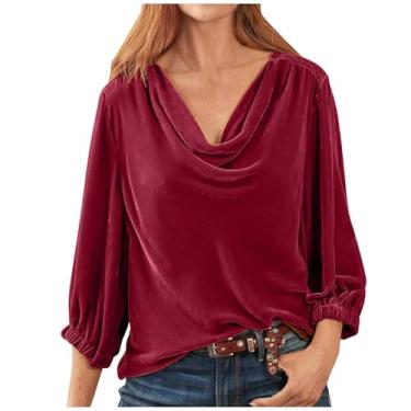 Imagem de Tops femininos outono inverno manga curta gola V veludo elegante franzido blusas camisas femininas 2024, Q-817 Vermelho, P