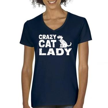 Imagem de Camiseta feminina Crazy Cat Lady gola V divertida amante de gatinhos animais de estimação mãe feline rainha miau gatos humor mamãe sarcástica camiseta, Azul marinho, GG