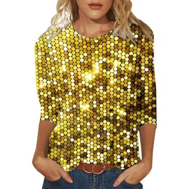 Imagem de Tops femininos de lantejoulas, para sair, plus size, manga curta, Y2K, blusas de algodão, camisas boêmias, túnica formal, Dourado, 3G