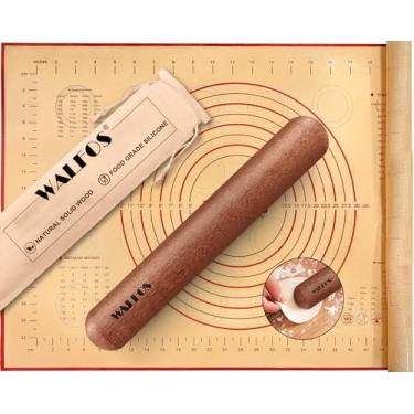 Imagem de Walfos Conjunto de mini rolo de massa – pequenos rolos de madeira natural (20 cm) com tapete antiaderente de fibra de silicone, rolo de massa para pizza, torta, macarrão, pão, pastelaria