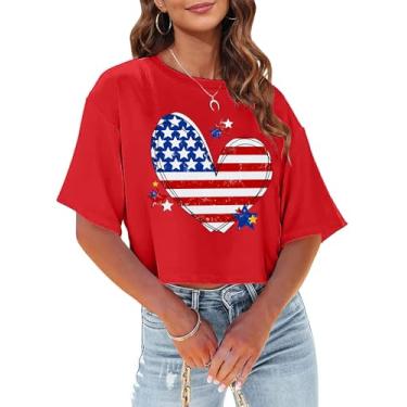 Imagem de Camiseta cropped feminina com bandeira americana EUA camiseta patriótica 4 de julho Memorial Day camiseta feminina cropped tops, Vermelho (Love-red), M