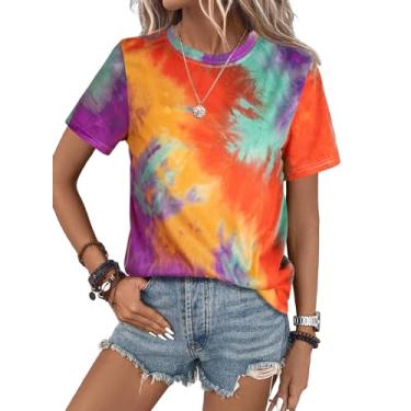 Imagem de SOFIA'S CHOICE Camiseta feminina tie dye manga curta gola redonda casual verão, Cores de arco-íris, P