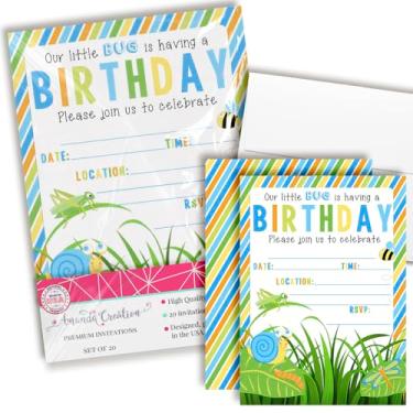 Imagem de Convites de festa de aniversário para meninos com muitos insetos, 20 cartões de 12,7 cm x 17,7 cm com vinte envelopes brancos da AmandaCreation