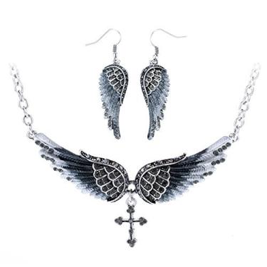 Imagem de Szxc Jewelry Colar feminino com pingente de cruz com asas de anjo da guarda 45,7 cm + 5 cm, Cristal Metal, Cristal