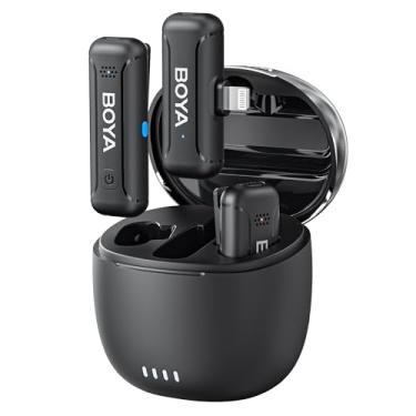 Imagem de Microfone de lapela sem fio BOYA para iPhone iPad, bateria de 10 horas, cancelamento de ruído, alcance de 328 pés, mini clipe de lapela para gravação de vídeo, transmissão ao vivo, podcast, vlog