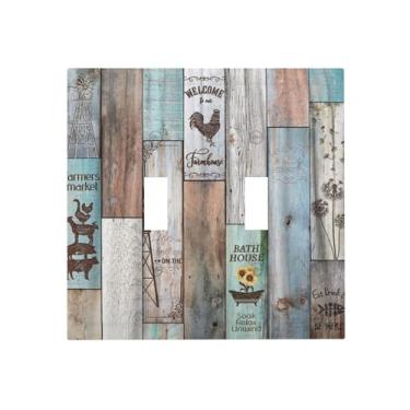 Imagem de Vintage Farmhouse Prancha de madeira rústica porta de celeiro ocidental interruptor duplo interruptor de luz cobre placa decorativa 2 entradas placa de parede dispositivo duplo placa de interruptor