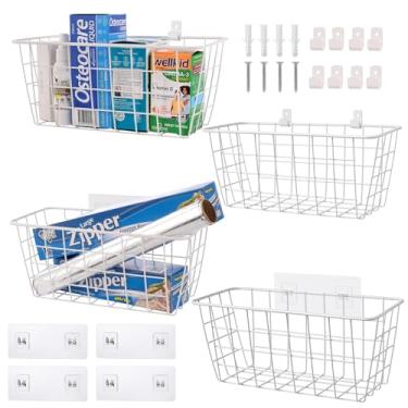 Imagem de Cesta de parede com 4 unidades, organizador adesivo de parede para despensa, cozinha, trailer, armário de banheiro, organização de armazenamento (branco)