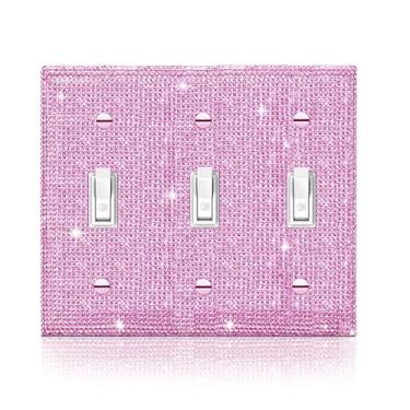 Imagem de Capa de placa de parede de strass rosa brilhante capa de interruptor de luz tripla durável com strass duplo capa de tomada placa de parede decorativa