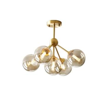 Imagem de VRJVPQBE Lustre dourado moderno com globo de vidro fosco branco, lâmpadas G9 incluídas candelabro Sputnik luminária de teto ajustável para sala de jantar