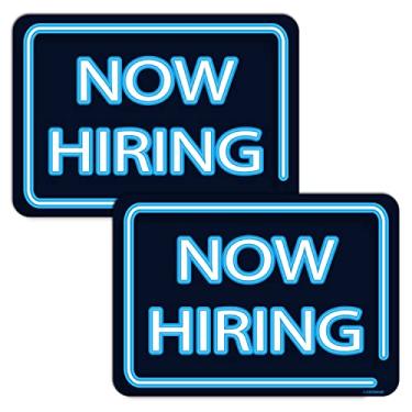 Imagem de GEEKBEAR Ímã de carro Now Hiring (azul, pacote com 2) – Placa de aluguel de carro com design de estilo neon – refletiva à prova d'água agora para contratar para-choques ou placa de porta – sem