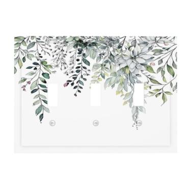 Imagem de Spshian Placa decorativa de cobertura para interruptor de luz rústica verde sálvia branca folhas de eucalipto placa de parede de 3 gangues placa de cobertura de interruptor triplo grande placa de