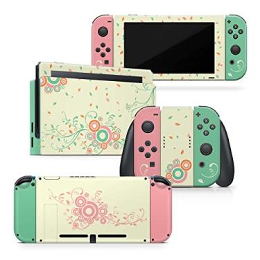 Imagem de Tacky Design Capa florida compatível com Nintendo Switch, capa verde e rosa para adesivos Nintendo Switch, decalque completo de vinil premium 3M, compatível com Joy-Con, console, Dock