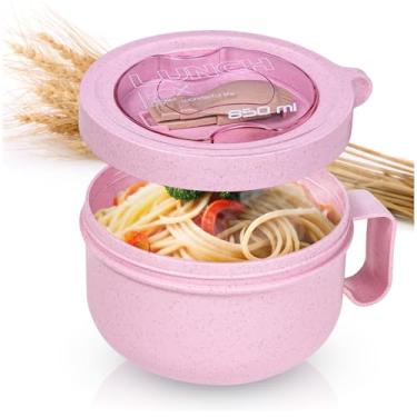 Imagem de MATICAN Tigela de sopa de micro-ondas com tampa, caneca de sopa com tampa, recipientes de micro-ondas para macarrão Ramen, sopa, bebidas, 825 ml, rosa, inclui garfo