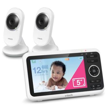 Imagem de VTech [Atualizado] Monitor de bebê VM350-2, tela de 5 polegadas, 2 câmeras, alcance de 300 metros, visão noturna, áudio bidirecional, canções de ninar, transmissão segura sem Wi-Fi