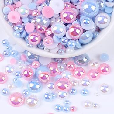 Imagem de Pérolas planas para artesanato, 1300 peças mistas de pérolas azuis brancas e rosa para artesanato, tamanho misto 3/4/5/6/8/10 mm contas de pérolas redondas planas para artesanato copo sapatos roupas
