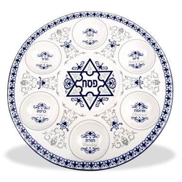 Imagem de Prato de porcelana Zion Judaica, bandeja redonda de 34,3 cm com desenhos bizantinos e flores de lis, placa de páscoa com 6 seções com marcações hebraicas e inglesas para celebração da Páscoa