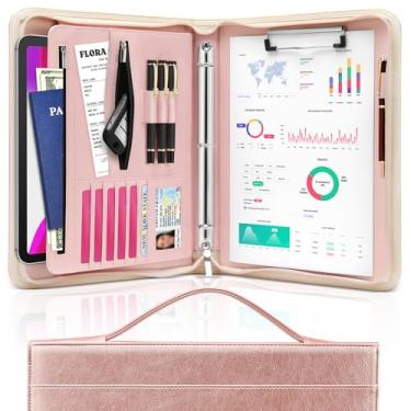 Imagem de Pasta organizadora de portfólio com zíper e alça oculta, pasta de couro PU para documentos, porta-cartões de visita, bloco de notas para homens e mulheres (ouro rosa)