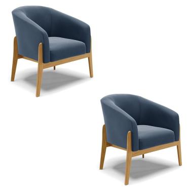Imagem de Cadeira Sala De Jantar Base De Madeira Kit 2 Stella Suede D03 - D'rossi Cor Azul Marinho