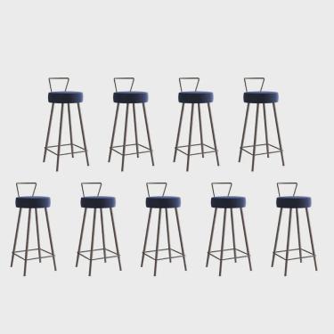 Imagem de Kit 09 Banqueta Alta Com Encosto Tais Eiffel Cozinha Bar Bistrô Ferro Marrom Suede Azul Marinho - Ahz Móveis