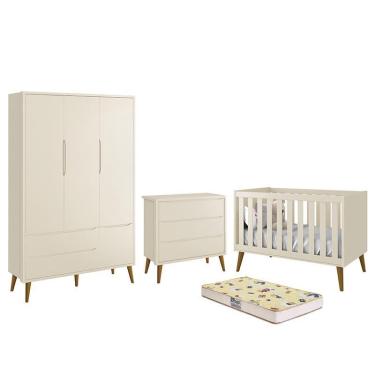 Imagem de Dormitório Infantil Theo Retrô 3 Portas, Cômoda, Berço com Pés Amadeirado e Colchão D18 - Reller Móveis Areia Fosco
