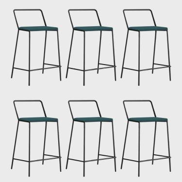 Imagem de Kit 06 Banqueta Alta Com Encosto Mili Industrial Cozinha Bistrô Ferro Preto Sintético Azul Turquesa - Ahz Móveis