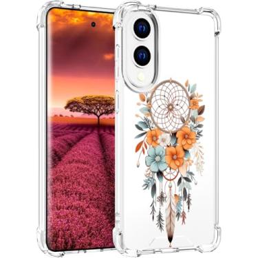 Imagem de Topgraph Compatível com Samsung Galaxy S25 Edge capa designer fofa transparente para mulheres, design de capa de telefone de silicone transparente (penas de flores de apanhador de sonhos)