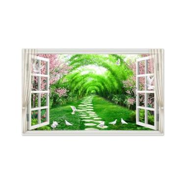 Imagem de Imagem paisagem janela falsa-Impressões lona arte parede natural-Árvore flores rosa floresta-Pintura mural decoração 30x50cm-12x19in sem moldura