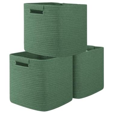 Imagem de OIAHOMY Cubos De Armazenamento 11 Polegadas, Caixas - Pacote Com 3, Cestos Corda Algodão Para Organização, Quadrados Organizador Prateleiras, Sala Aula, Cesto Brinquedos, Verde