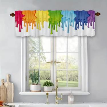 Imagem de Cortinas de janela de poliéster artísticas criativas com tinta colorida com gotas salpicadas de arco-íris para cozinha, sala de jantar, bolso para varão, janela, painel de cortina curta 137 x 45 cm