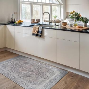 Imagem de Bloom Rugs Tapete lavável antiderrapante 9,5 x 1,5 m - azul/aço cinza/bege tradicional medalhão tapete de área para sala de estar, quarto, sala de jantar e cozinha - Tamanho exato: 9,5 x 1,5 m