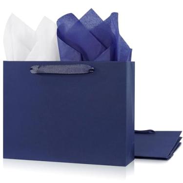 Imagem de Pacote com 3 sacos de presente azuis extragrandes de 37 x 13 x 30 cm com papéis de seda, sacos de compras de papel kraft com alças de fita, perfeitos para embrulho de varejo, aniversários, casamentos